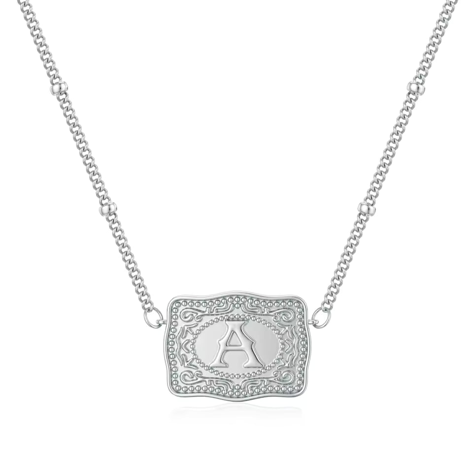Silver Belt Buckle Initial Necklace