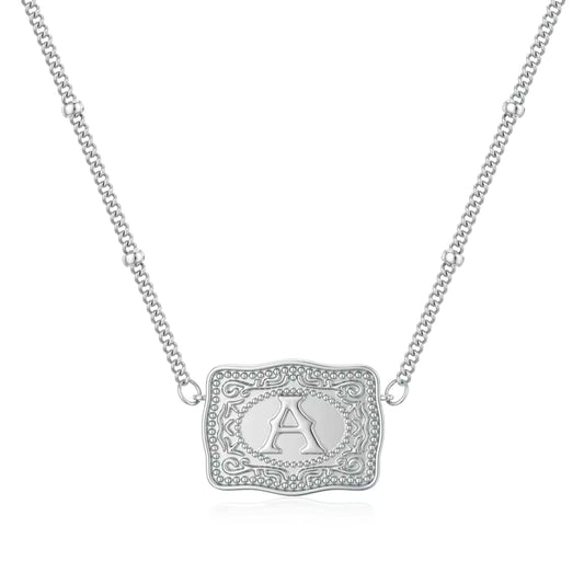 Silver Belt Buckle Initial Necklace
