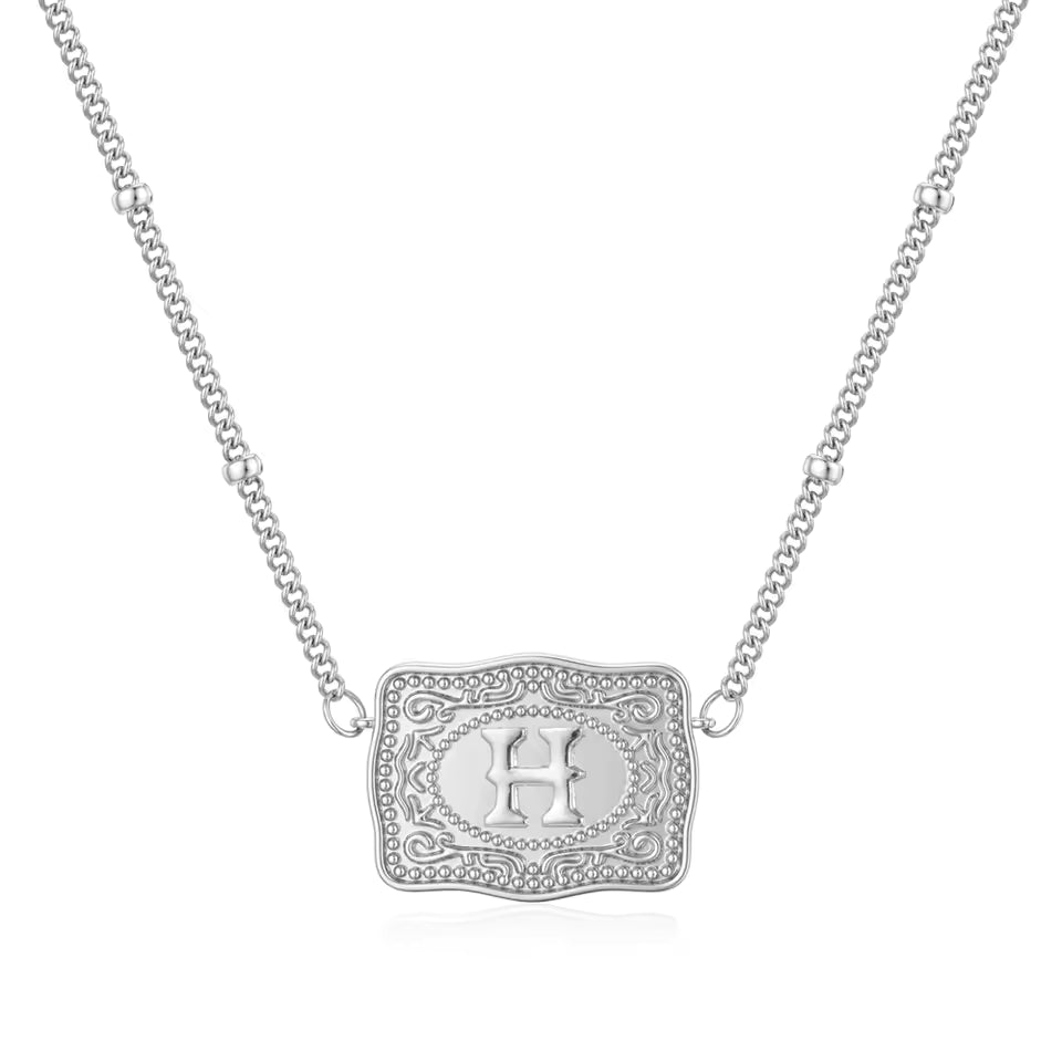 Silver Belt Buckle Initial Necklace