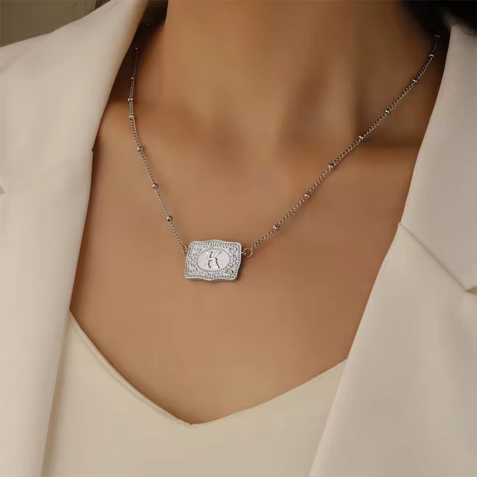 Silver Belt Buckle Initial Necklace